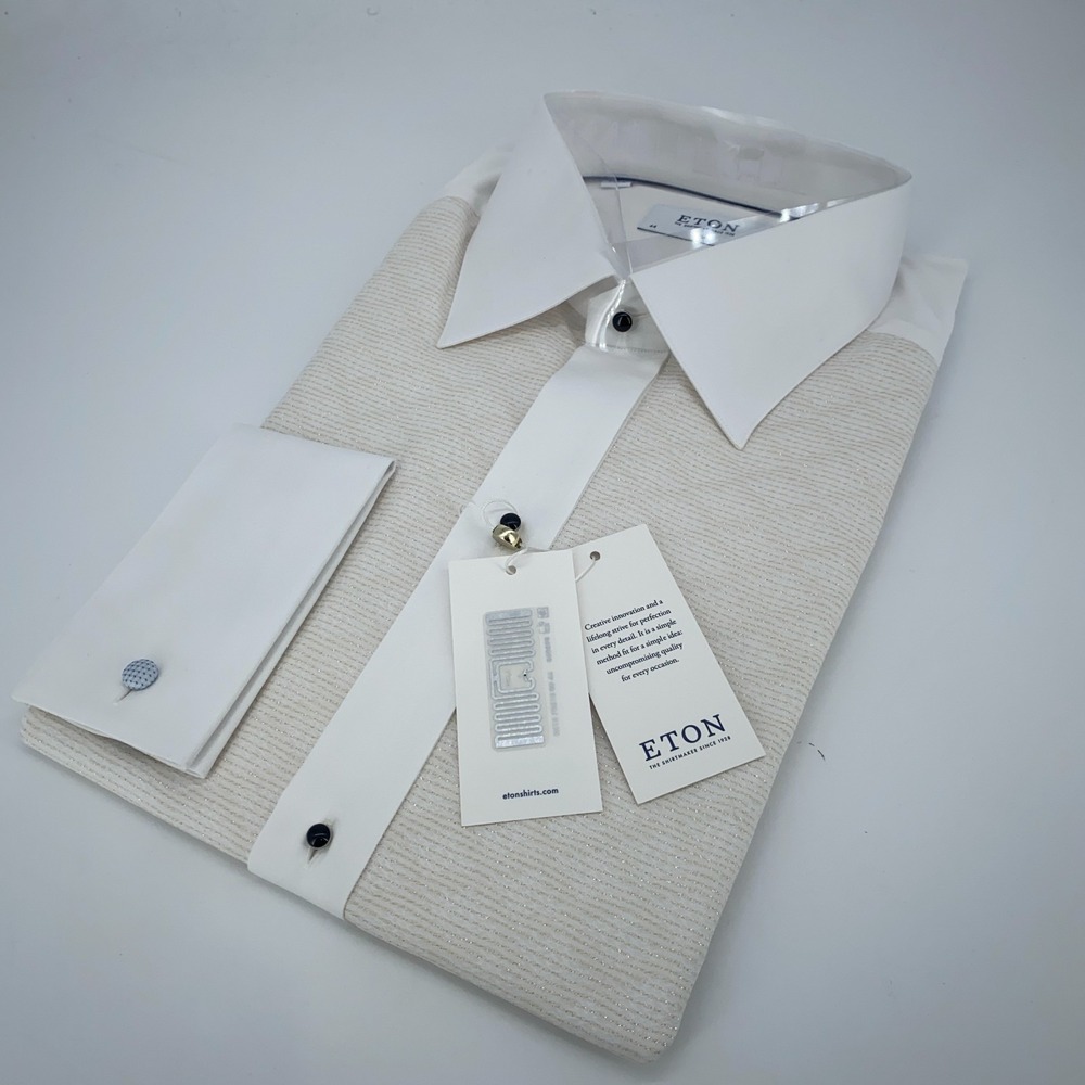 Eton Dress Shirt Mens XL 17 1/2 - 44 Slim‎ Fit Pique White Beige Button Up
